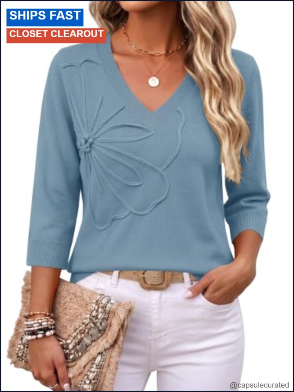 Womens V Neck 3/4 Sleeve Knit Pullover Sweater